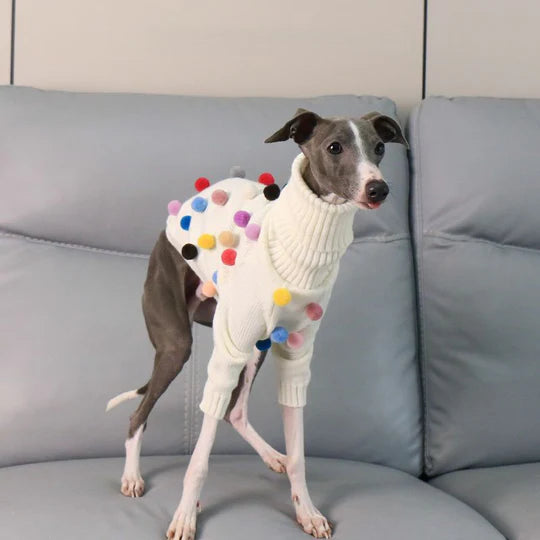 Turtleneck Knit Sweater with Pom-Poms for Italian Greyhound & Whippet