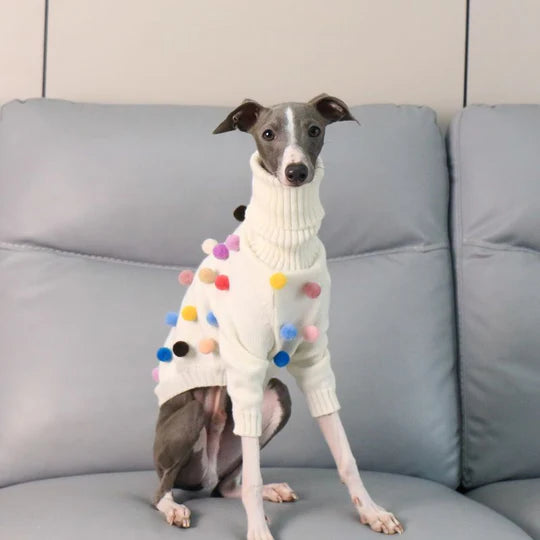 Turtleneck Knit Sweater with Pom-Poms for Italian Greyhound & Whippet