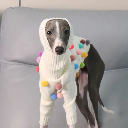 Turtleneck Knit Sweater with Pom-Poms for Italian Greyhound & Whippet